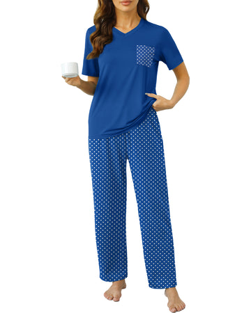 UVN Womens Pajamas Sets Short Sleeve Tops and Long Pants 2 Piece Outfit Casual Loose Sleepwear Nightwear Soft Pjs Lounge Sets