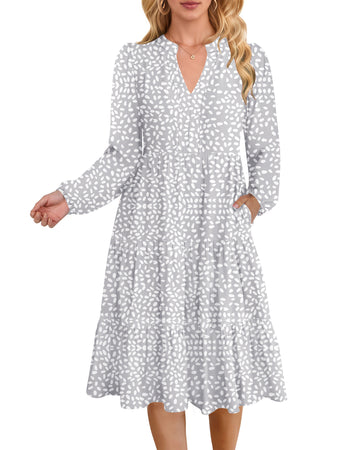 UVN Fall Dresses for Women Long Sleeve V Neck Midi Dress Casual Loose Flowy Swing Tiered Dress with Pockets