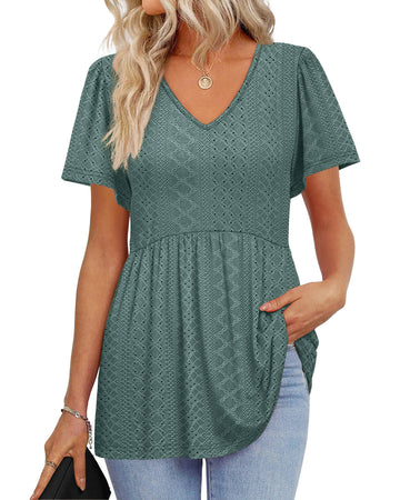 UVN Summer Blouses for Women Short Sleeve V Neck Peplum Tunic Tops Casual Babydoll Flowy T Shirts