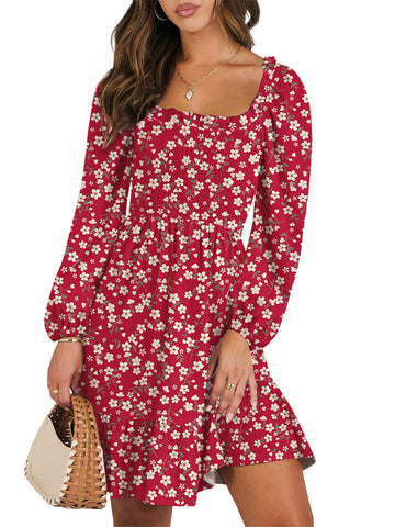 UVN Dresses for Women Casual Long Sleeve Square Neck Dress Ruffle Pleated Flowy Midi Dress