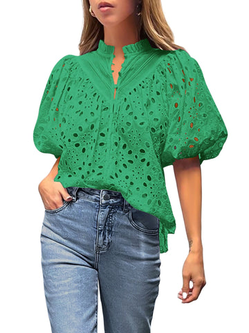 UVN Summer Blouses for Women Short Sleeve Shirts Ladies Hollow Out Lace Blouse V Neck Dressy Casual Tops