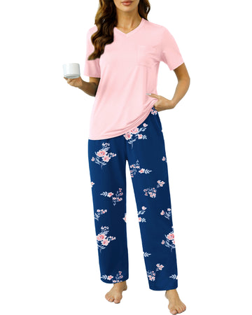 UVN Womens Pajamas Sets Short Sleeve Tops and Long Pants 2 Piece Outfit Casual Loose Sleepwear Nightwear Soft Pjs Lounge Sets