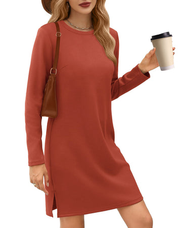 UVN Dresses for Women Fall Winter Long Sleeve Crewneck Casual Pullover Sweatshirt Dress with Side Split