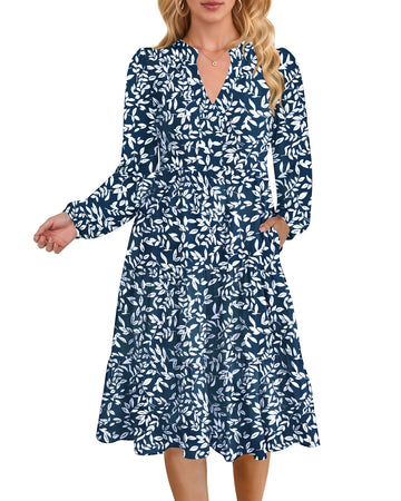 UVN Fall Dresses for Women Long Sleeve V Neck Midi Dress Casual Loose Flowy Swing Tiered Dress with Pockets