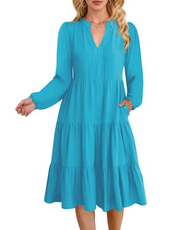 UVN Fall Dresses for Women Long Sleeve V Neck Midi Dress Casual Loose Flowy Swing Tiered Dress with Pockets