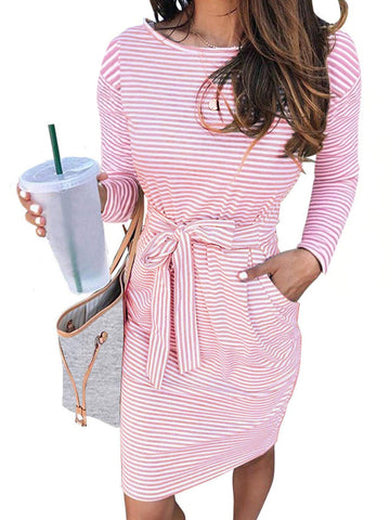 UVN Fall Dresses for Women Striped T Shirt Dress Casual Midi Dress Long Sleeve Sundress with Pockets