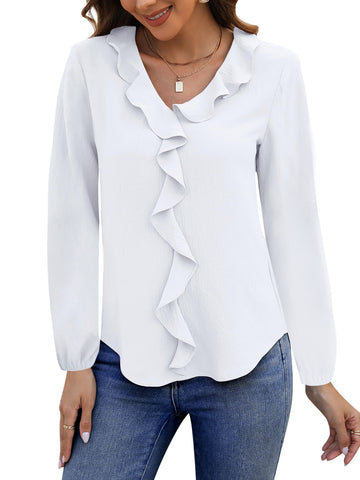 UVN Blouses for Women V Neck Long Sleeve Shirts Dressy Casual Ruffle Chiffon Tops
