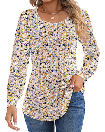 UVN Blouses for Women Pleated Long Sleeve Shirts Crew Neck Dressy Casual Tunic Tops
