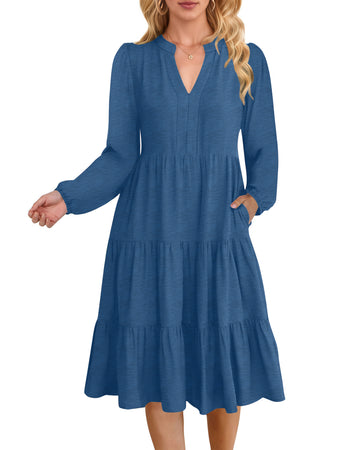 UVN Fall Dresses for Women Long Sleeve V Neck Midi Dress Casual Loose Flowy Swing Tiered Dress with Pockets