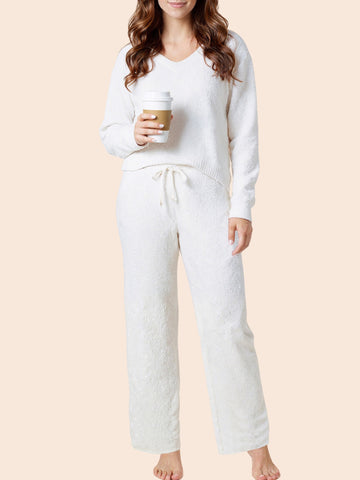 UVN Winter Pajama for Women Sweater Set Ladies V neck Tops and Long Pants Warm 2 Piece Loungewear