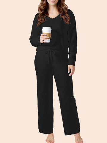 UVN Winter Pajama for Women Sweater Set Ladies V neck Tops and Long Pants Warm 2 Piece Loungewear