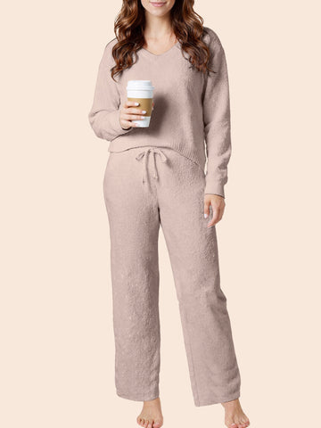 UVN Winter Pajama for Women Sweater Set Ladies V neck Tops and Long Pants Warm 2 Piece Loungewear