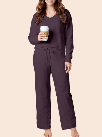 UVN Winter Pajama for Women Sweater Set Ladies V neck Tops and Long Pants Warm 2 Piece Loungewear