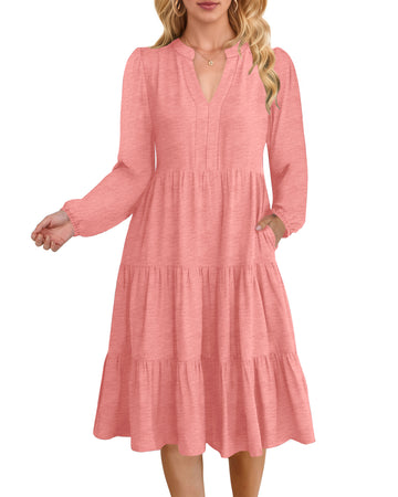 UVN Fall Dresses for Women Long Sleeve V Neck Midi Dress Casual Loose Flowy Swing Tiered Dress with Pockets