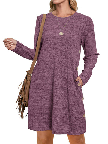UVN Fall Dresses for Women Long Sleeve Casual Winter Dress with Pockets Buttons Side Tunic Dress