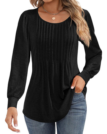 UVN Blouses for Women Pleated Long Sleeve Shirts Crew Neck Dressy Casual Tunic Tops