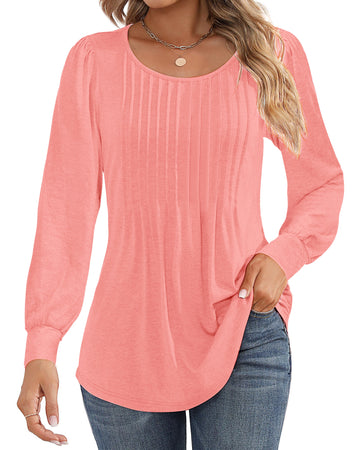UVN Blouses for Women Pleated Long Sleeve Shirts Crew Neck Dressy Casual Tunic Tops
