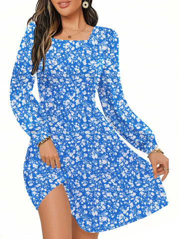 UVN Dresses for Women Fall Long Sleeve Square Neck Dress Boho Floral Print Midi Dresses with Pockets