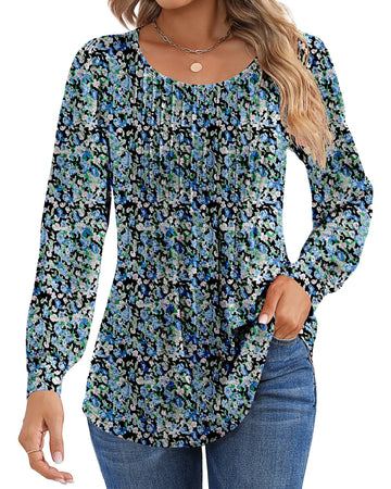 UVN Blouses for Women Pleated Long Sleeve Shirts Crew Neck Dressy Casual Tunic Tops