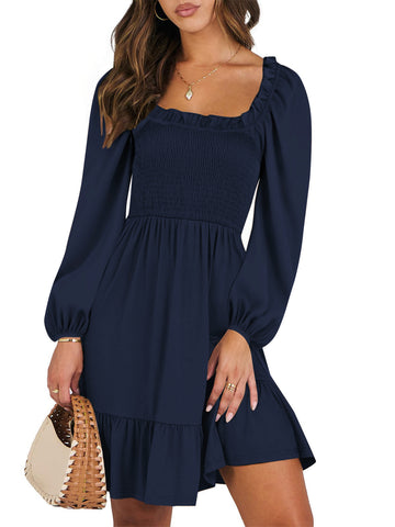 UVN Dresses for Women Casual Long Sleeve Square Neck Dress Ruffle Pleated Flowy Midi Dress