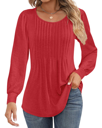 UVN Blouses for Women Pleated Long Sleeve Shirts Crew Neck Dressy Casual Tunic Tops