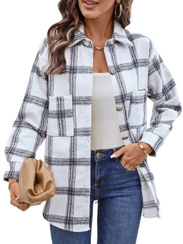 UVN Flannel Plaid Shirts for Women Shacket Jacket Long Sleeve Button Down Shirt Coats Top