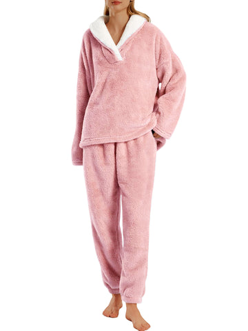 UVN Winter Pajamas for Women Fuzzy Loungewear Sets Ladies Fleece Long Sleeve Tops and Long Pants 2 Piece Sleepwear