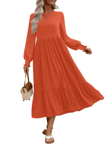 UVN Fall Long Dress for Women Crewneck Casual Long Sleeve Pleated Dresses with Pockets