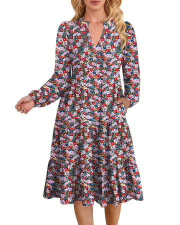 UVN Fall Dresses for Women Long Sleeve V Neck Midi Dress Casual Loose Flowy Swing Tiered Dress with Pockets