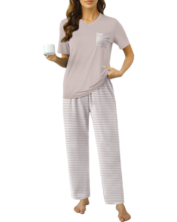 UVN Womens Pajamas Sets Short Sleeve Tops and Long Pants 2 Piece Outfit Casual Loose Sleepwear Nightwear Soft Pjs Lounge Sets