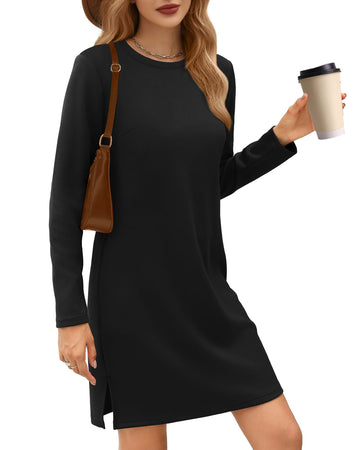 UVN Dresses for Women Fall Winter Long Sleeve Crewneck Casual Pullover Sweatshirt Dress with Side Split
