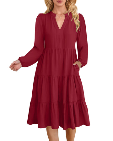 UVN Fall Dresses for Women Long Sleeve V Neck Midi Dress Casual Loose Flowy Swing Tiered Dress with Pockets