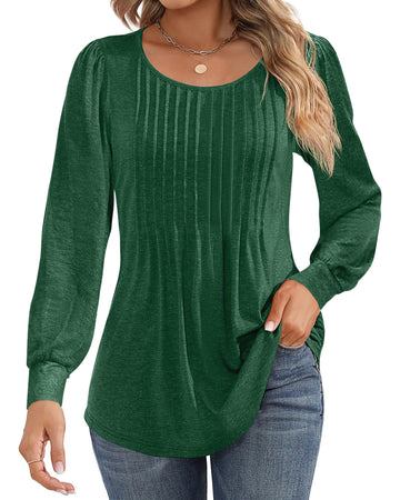 UVN Blouses for Women Pleated Long Sleeve Shirts Crew Neck Dressy Casual Tunic Tops