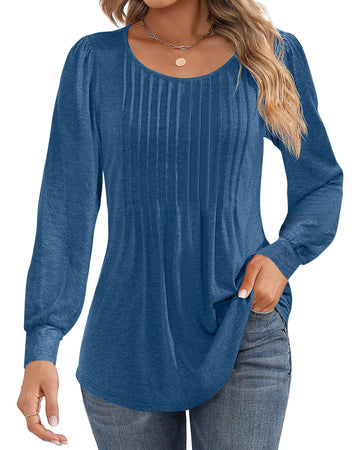 UVN Blouses for Women Pleated Long Sleeve Shirts Crew Neck Dressy Casual Tunic Tops
