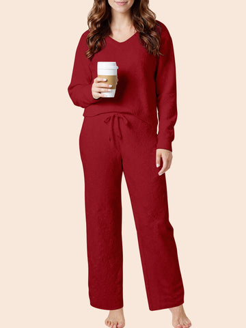 UVN Winter Pajama for Women Sweater Set Ladies V neck Tops and Long Pants Warm 2 Piece Loungewear