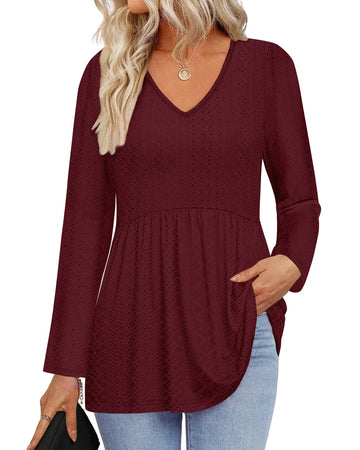 UVN Fall Blouses for Women Long Sleeve V Neck Peplum Tunic Tops Casual Babydoll Flowy T Shirts