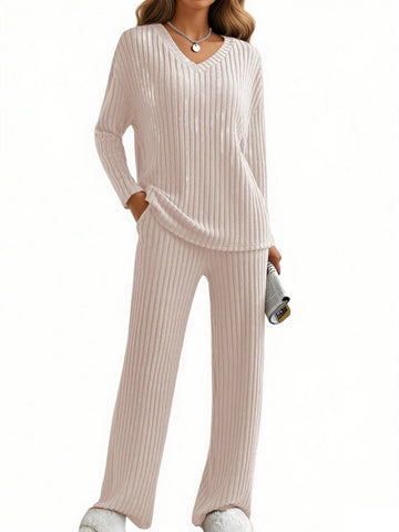 UVN Outfit Sets for Women Two Piece Sets Winter Casual Long Sleeve Tops and Long Pants Lounge Sets Ribbed Knit Pajama Sets with Pockets
