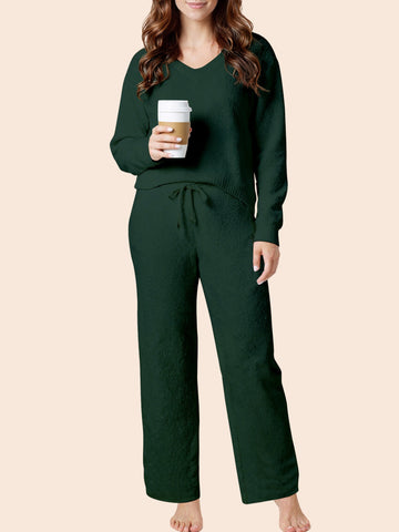 UVN Winter Pajama for Women Sweater Set Ladies V neck Tops and Long Pants Warm 2 Piece Loungewear
