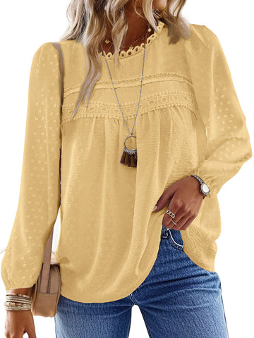 UVN Fall Shirts for Women Long Sleeve Blouses Ladies Crewneck Lace Crochet Tops Dressy Chiffon Blouses