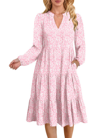 UVN Fall Dresses for Women Long Sleeve V Neck Midi Dress Casual Loose Flowy Swing Tiered Dress with Pockets