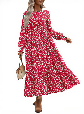 UVN Fall Long Dress for Women Crewneck Casual Long Sleeve Pleated Dresses with Pockets