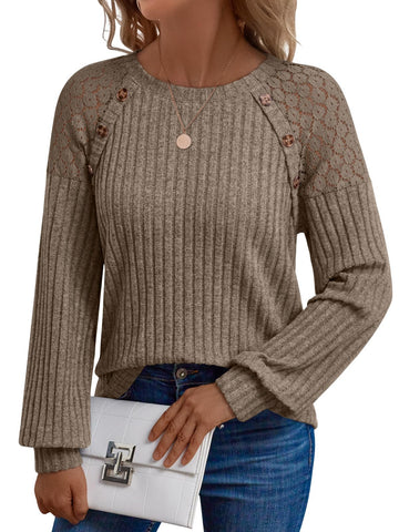 UVN Blouses for Women Casual Long Sleeve Shirts Dressy Hollow Out Lace Button Tops Fall Lightweight Pullover