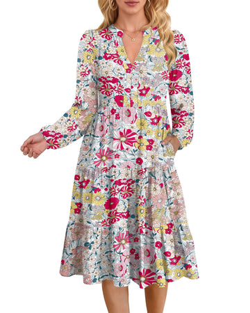 UVN Fall Dresses for Women Long Sleeve V Neck Midi Dress Casual Loose Flowy Swing Tiered Dress with Pockets