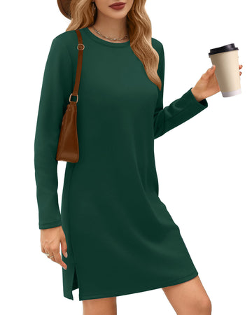 UVN Dresses for Women Fall Winter Long Sleeve Crewneck Casual Pullover Sweatshirt Dress with Side Split