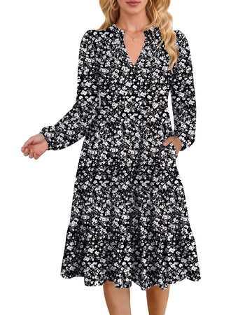 UVN Fall Dresses for Women Long Sleeve V Neck Midi Dress Casual Loose Flowy Swing Tiered Dress with Pockets