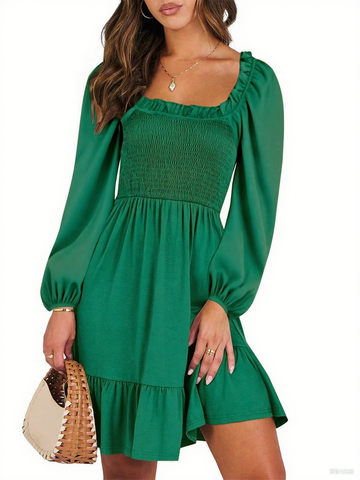 UVN Dresses for Women Casual Long Sleeve Square Neck Dress Ruffle Pleated Flowy Midi Dress