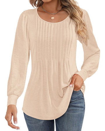 UVN Blouses for Women Pleated Long Sleeve Shirts Crew Neck Dressy Casual Tunic Tops