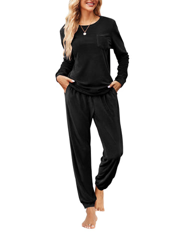 UVN Womens Velvet Pajamas Sets Winter 2 Piece Outfits Ladies Fleece Long Sleeve Sleepwear with Pockets