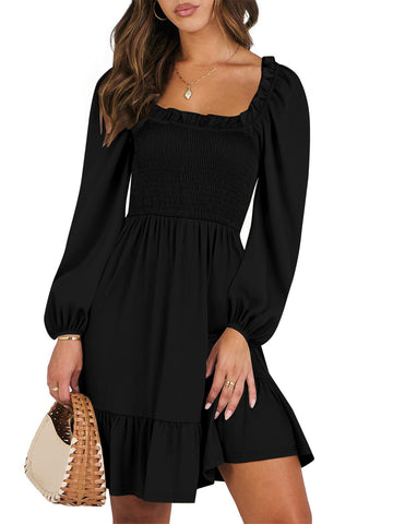 UVN Dresses for Women Casual Long Sleeve Square Neck Dress Ruffle Pleated Flowy Midi Dress