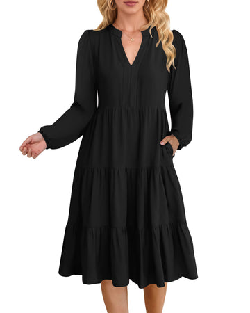 UVN Fall Dresses for Women Long Sleeve V Neck Midi Dress Casual Loose Flowy Swing Tiered Dress with Pockets